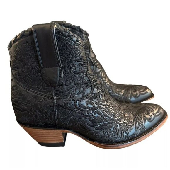 Azulado Mila Almond Toe Ankle Boots Sz 6 B Patent Black Embossed Floral Leather